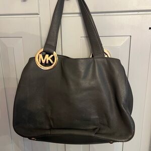 Michael Kors Dark Gray Pebbled Leather Tote with Gold MK Rings